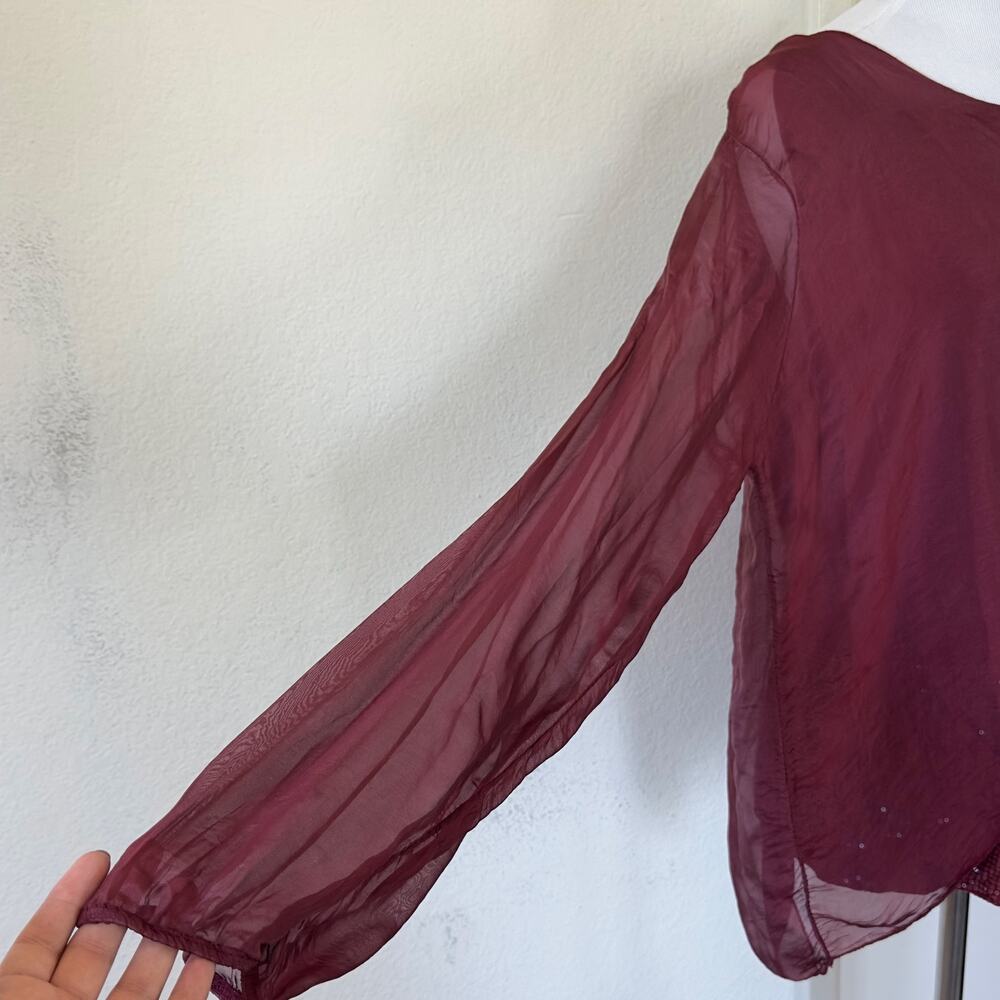 Italian Silk Sequin Sheer Blouse Mulberry Wine Tunic Top Boho Sz M Quiet Luxury - Picture 7 of 7